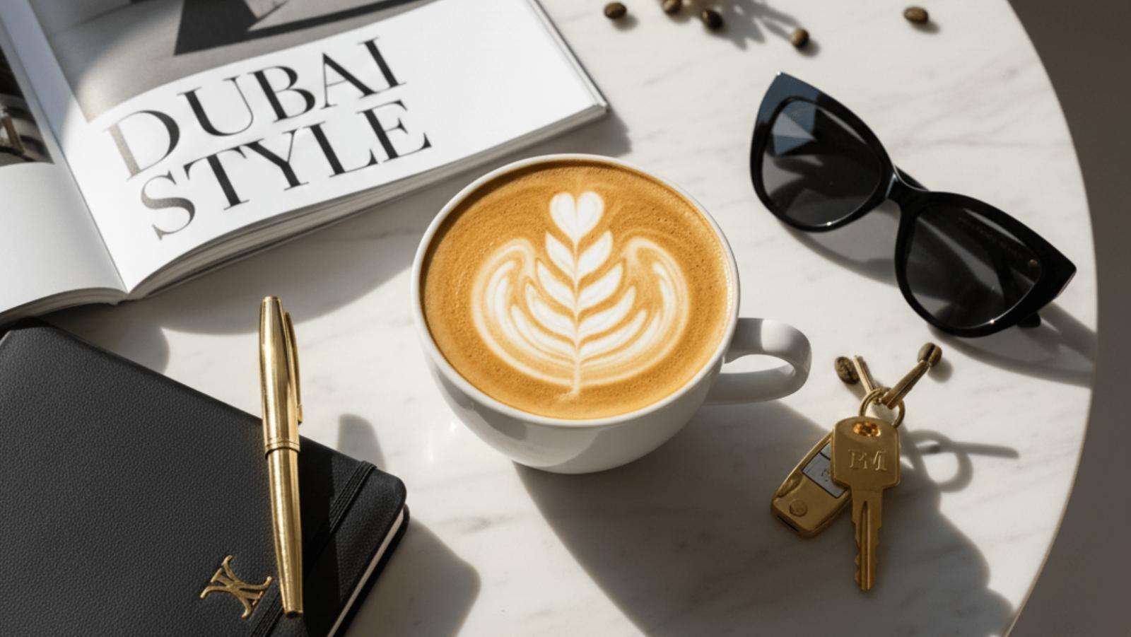 A perfectly poured coffee with latte art, styled on a table with keys, a book, sunglasses, and a magazine.